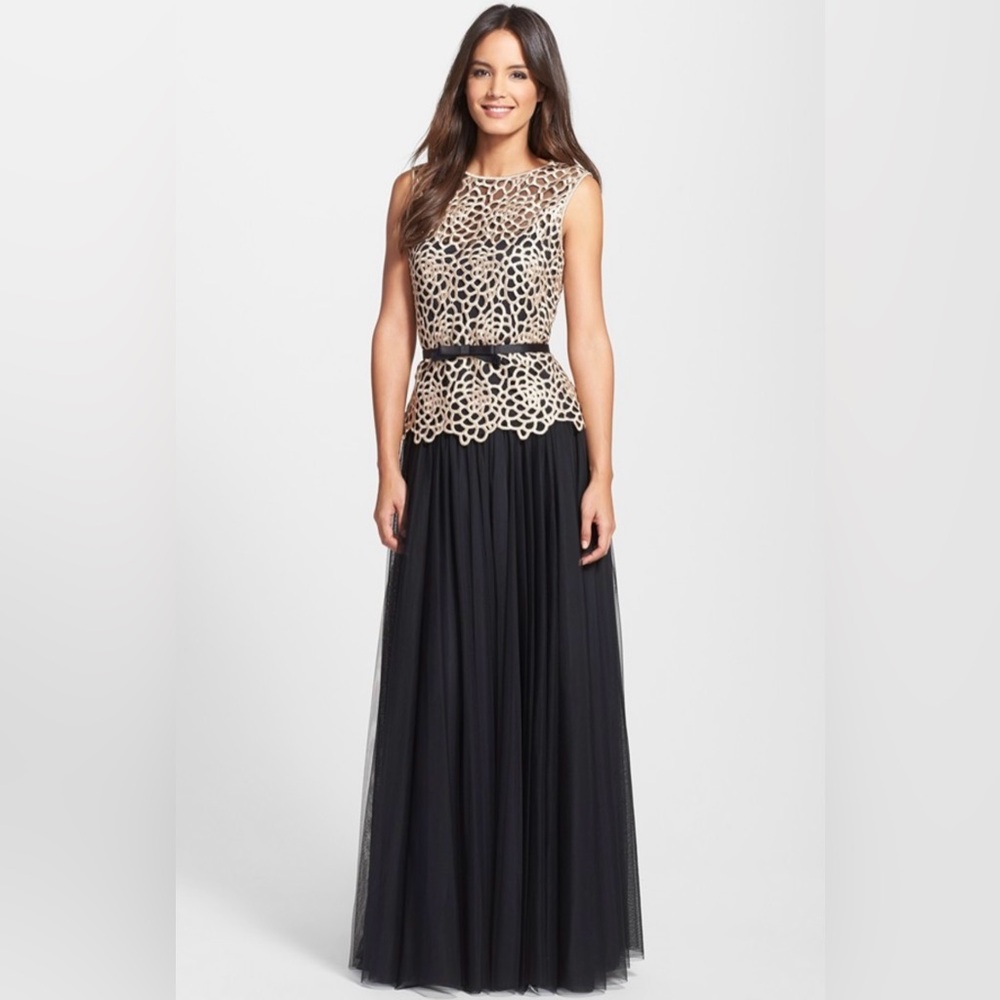 Tadashi Shoji Black Tulle Gown with Gold Lace Bodice
